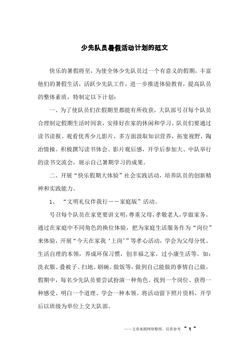 少先队员暑假活动计划的范文
