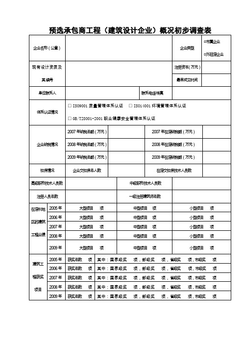 预选承包商程(建筑设计企业)概况初步调查表