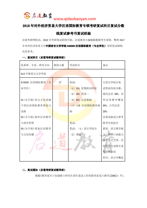 2018年对外经济贸易大学汉语国际教育专硕考研复试科目复试分数线复试参考书复试经验