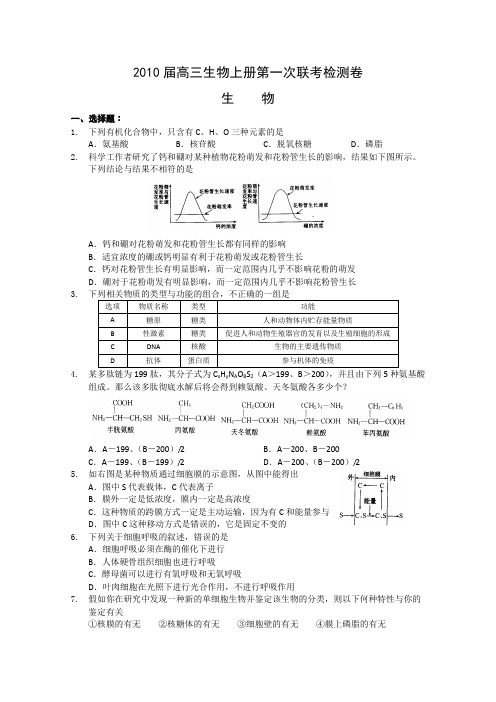 2010届高三生物上册第一次联考检测卷