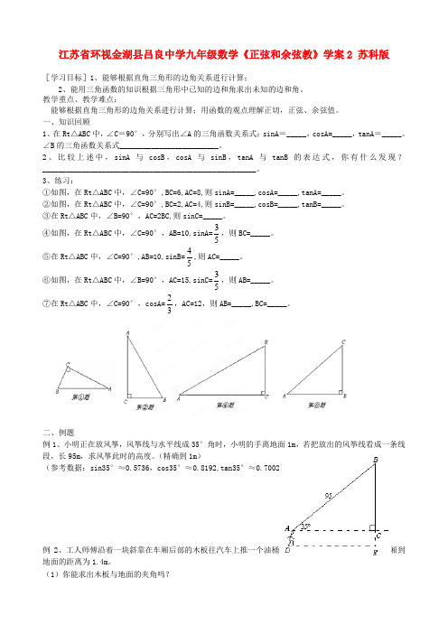 江苏省环视金湖县吕良中学九年级数学《正弦和余弦教》学案2(无答案) 苏科版