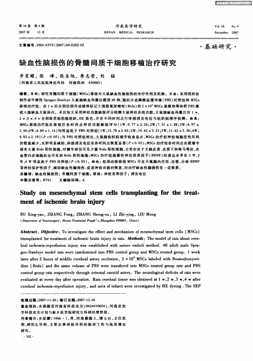 缺血性脑损伤的骨髓间质干细胞移植治疗研究