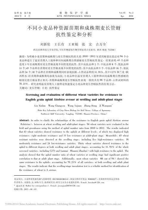不同小麦品种资源苗期和成株期麦长管蚜抗性鉴定和分析