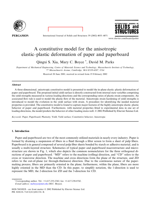 A constitutive model for the anisotropic elastic-plastic deformation of paper and paperboard