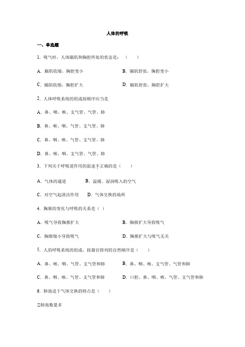 人教版 七年级生物下册  4.3   人体的呼吸   同步检测(有答案)