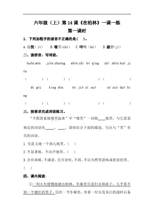 【精】部编版六年级上册语文 第14课《在柏林》一课一练(基础 提升,含答案)