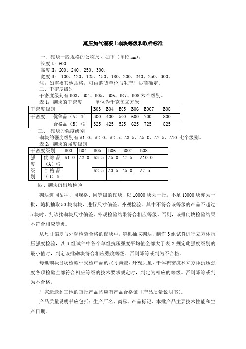 蒸压加气混凝土砌块等级和取样标准