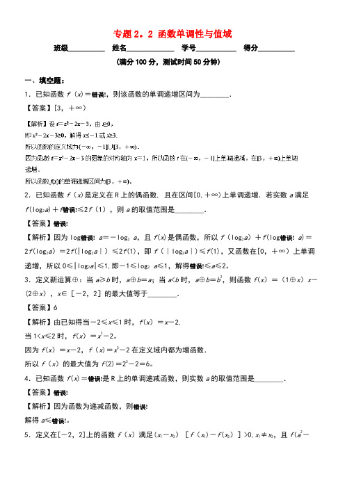 (江苏专版)2019年高考数学一轮复习 专题2.2 函数单调性与值域(测)