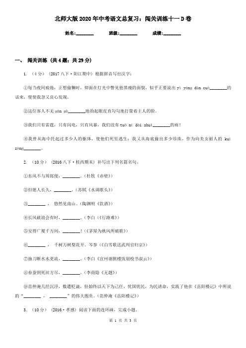 北师大版2020年中考语文总复习：闯关训练十一D卷