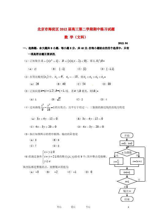 北京市海淀区2012届高三数学下学期期中练习试题 文