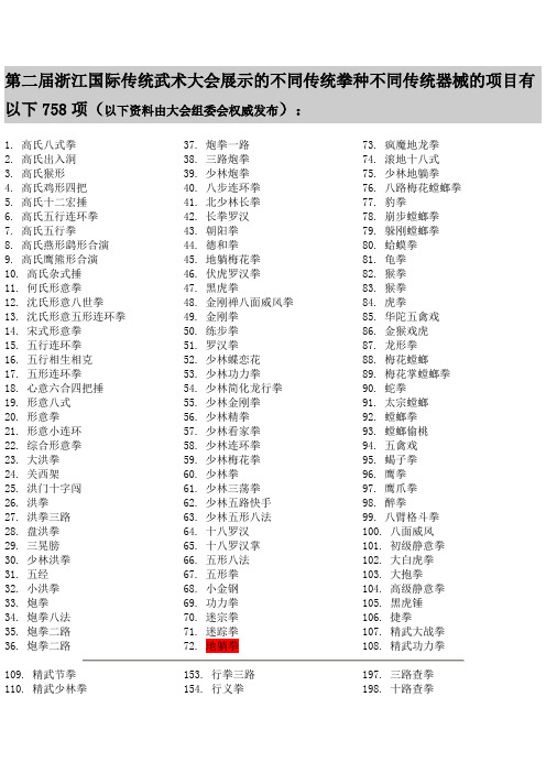第二届浙江国际传统武术大会展示的不同传统拳种不同传统器械的项目有以下758项