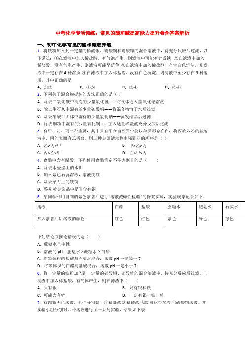 中考化学专项训练：常见的酸和碱提高能力提升卷含答案解析