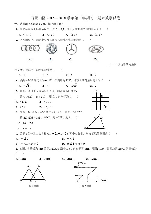 2015-2016学年北京市石景山八年级下学期期末数学试题(含答案)