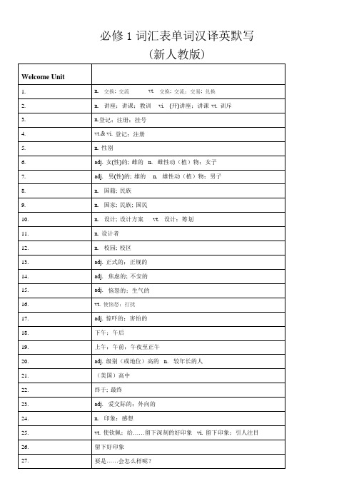 必修1词汇表单词汉译英默写(新人教版)