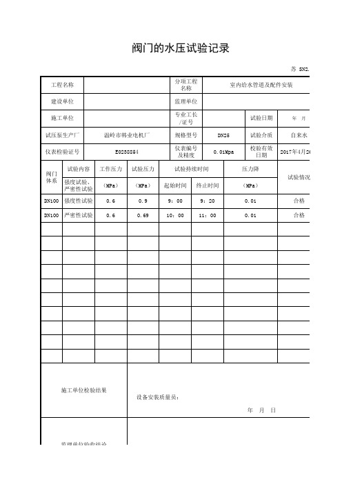 最新版阀门的水压试验记录SN2.4.1