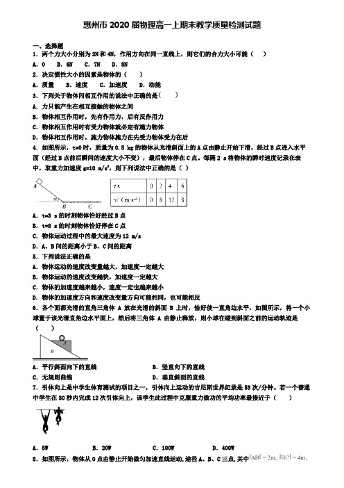 惠州市2020届物理高一上期末教学质量检测试题