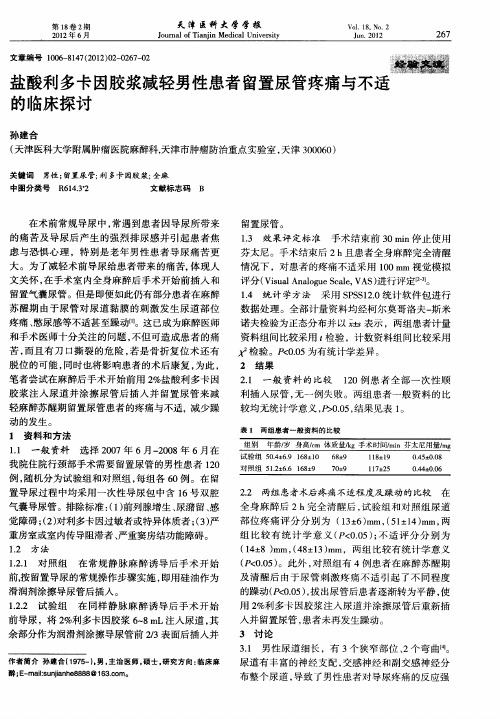 盐酸利多卡因胶浆减轻男性患者留置尿管疼痛与不适的临床探讨