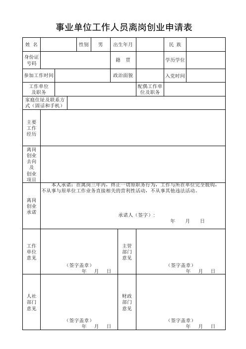 事业单位工作人员离岗创业申请表