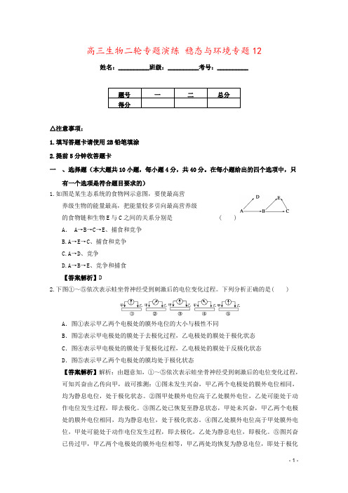 高三生物二轮专题演练 稳态与环境专题12