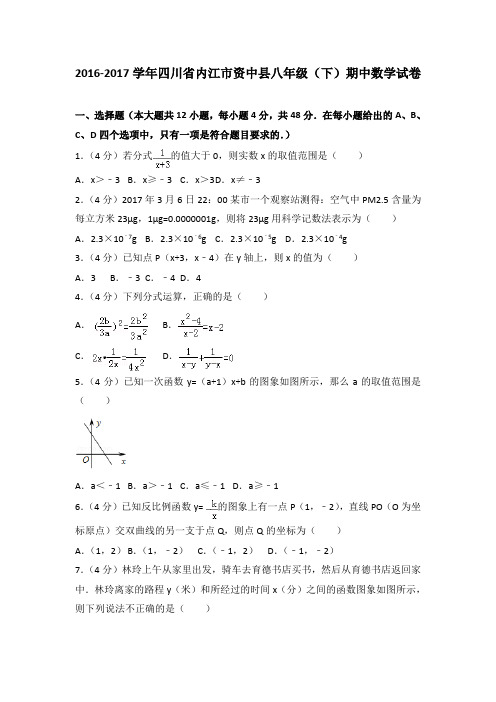 2016-2017学年四川省内江市资中县八年级(下)期中数学试卷