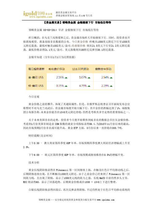 【贵金属交易】金银继续下行 市场低位等待