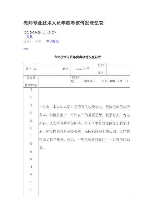 教师专业技术人员年度考核情况登记表