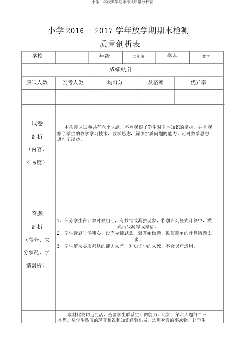 小学二年级数学期末考试质量分析表