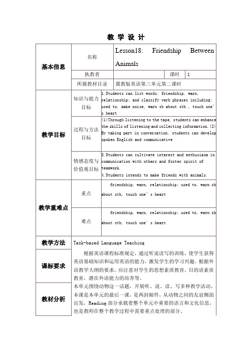 冀教版英语八年级下册Unit 3：Lesson 18 Friedship between Anima