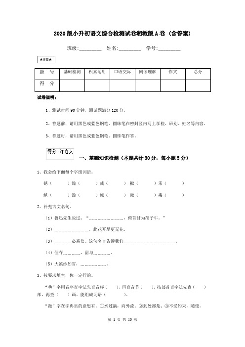 2020版小升初语文综合检测试卷湘教版A卷 (含答案)