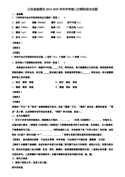 江苏省南通市2019-2020学年中考第三次模拟语文试题含解析