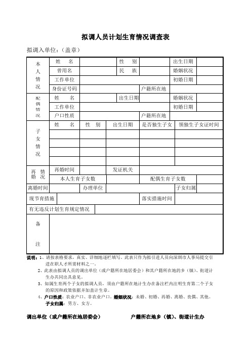 拟调人员计划生育情况调查表【模板】