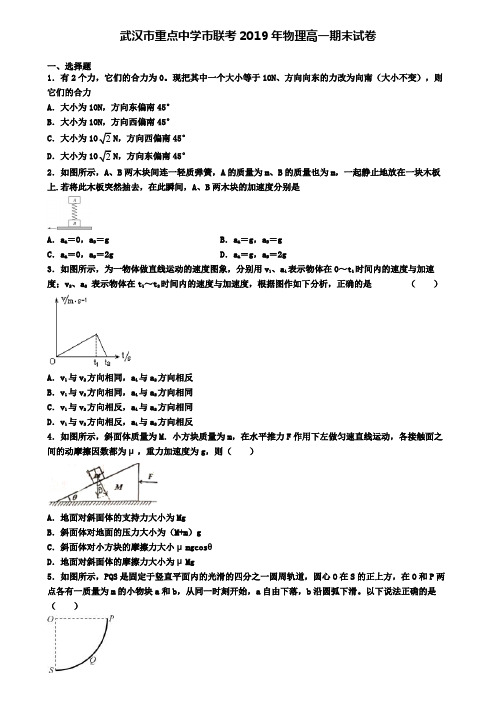 武汉市重点中学市联考2019年物理高一期末试卷