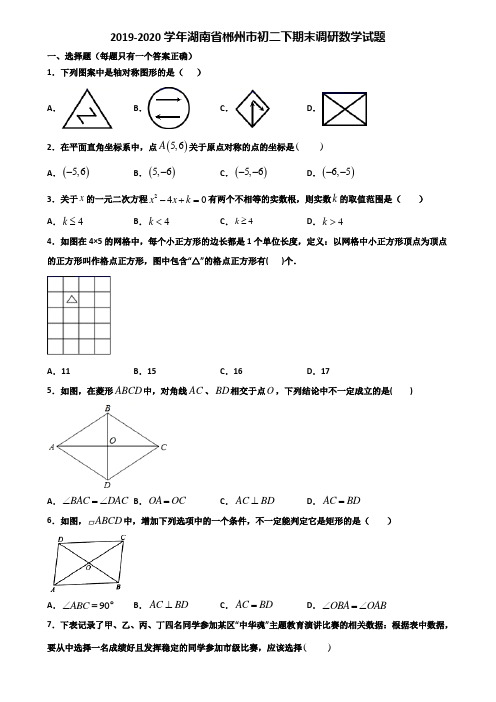 2019-2020学年湖南省郴州市初二下期末调研数学试题含解析
