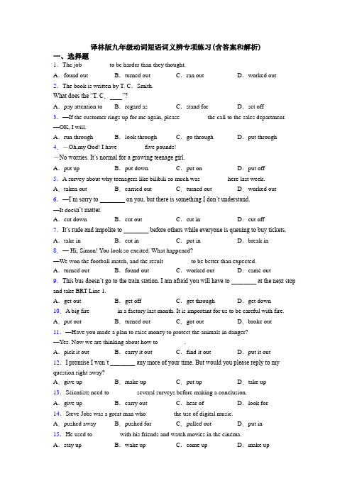 译林版九年级动词短语词义辨专项练习(含答案和解析)