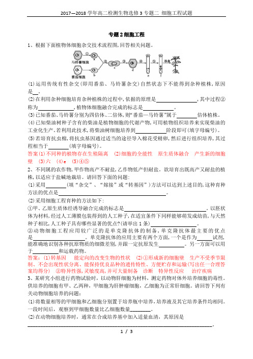 2017—2018学年高二检测生物选修3专题二 细胞工程试题