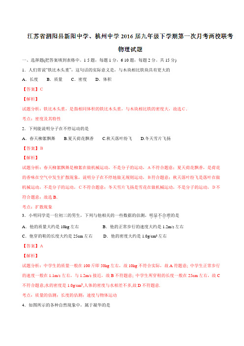 精品：江苏省泗阳县新阳中学、桃州中学2016届九年级下学期第一次月考两校联考物理试题(解析版)