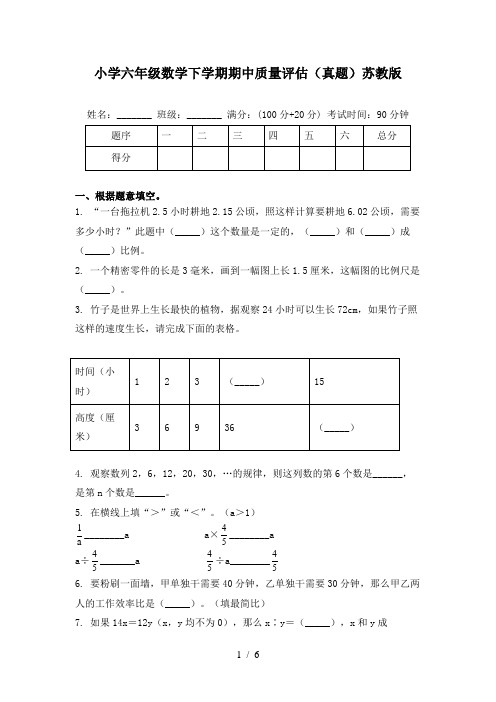 小学六年级数学下学期期中质量评估(真题)苏教版