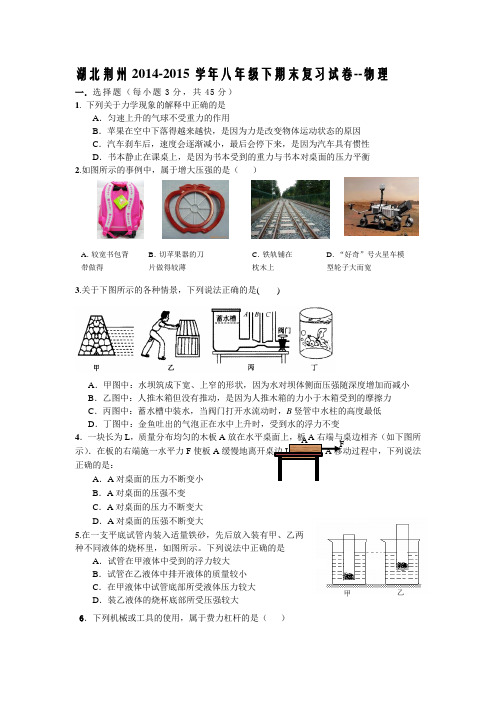 湖北荆州2014-2015学年八年级物理下期末复习试卷