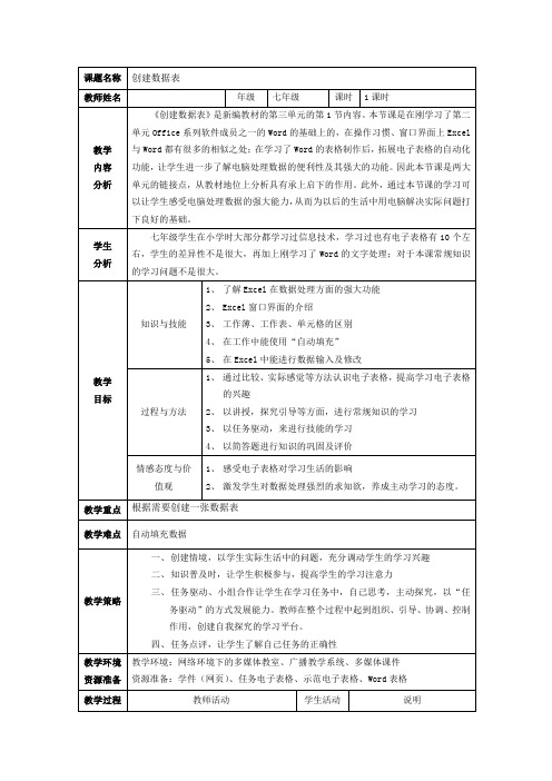 教案浙江版新课程信息技术七上第13课创建数据表