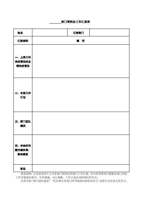 部门周例会工作汇报表 