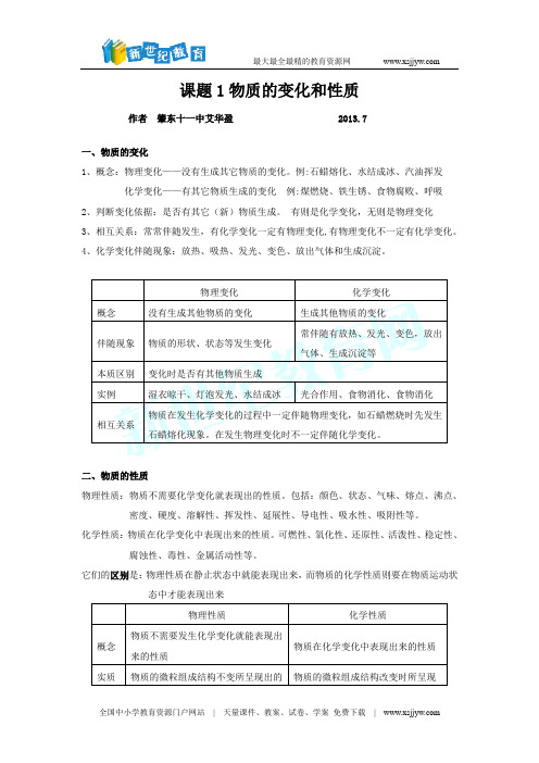 九年级化学第一单元课题1物质的变化和性质知识点