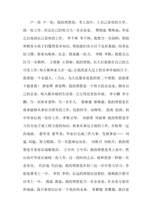 河北省沧州市献县现代中学74班学生理想