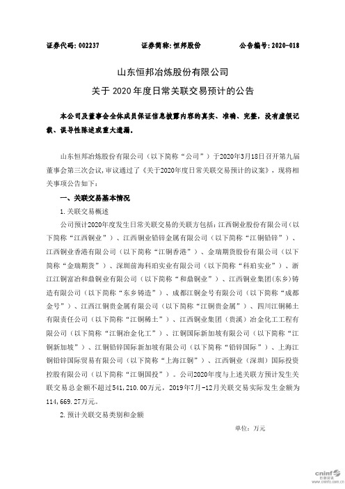恒邦股份：关于2020年度日常关联交易预计的公告