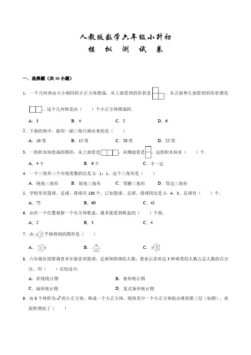 人教版数学六年级小升初考试试卷(附答案)