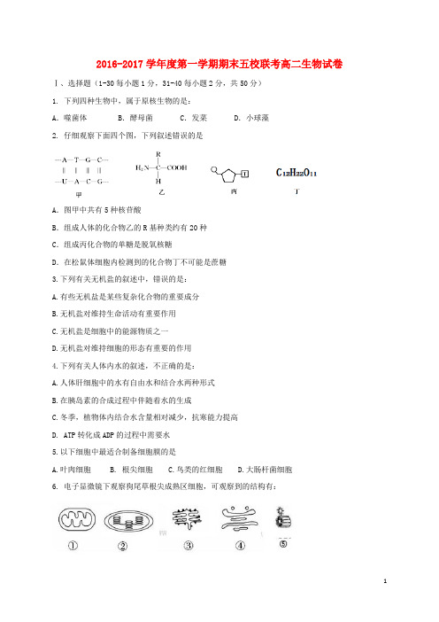 天津市五校(宝坻一中、静海一中、杨村一中、芦台一中、蓟县一中)高二生物上学期期末考试试题