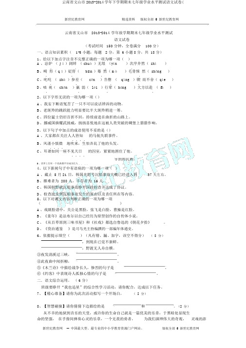 云南省文山市2013-2014学年下学期期末七年级学业水平测试语文试卷(