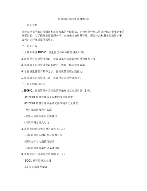 质量体系培训计划2024年