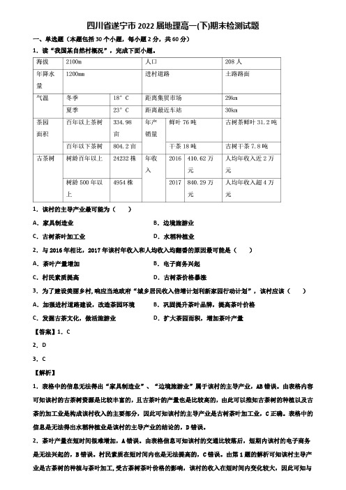 四川省遂宁市2022届地理高一(下)期末检测试题含解析
