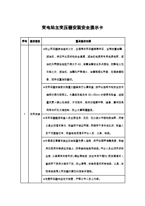 变电站主变压器安装安全提示卡