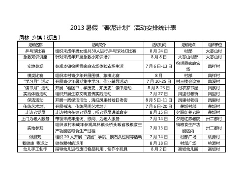 2013暑假春泥计划活动安排统计表